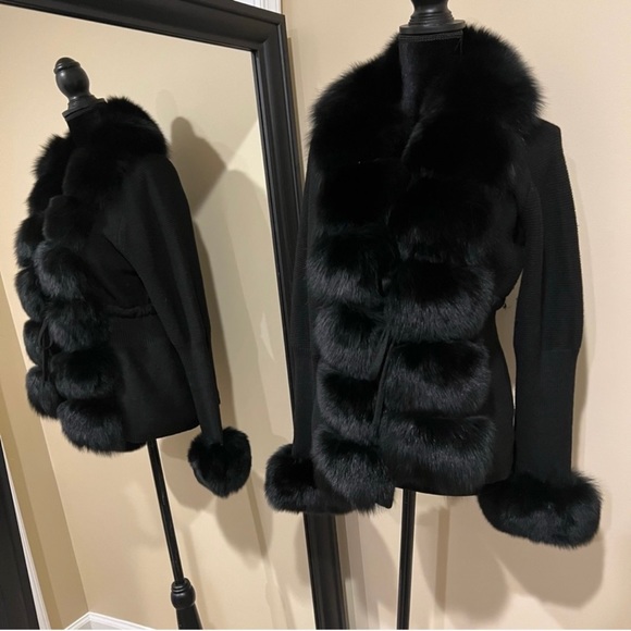 Real fox fur cardigan genuine fur collar trench coat parka jacket wool cape blaz - Picture 2 of 12